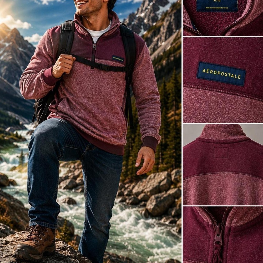Aéropostale Quarter Zip Pullover Sweatshirt Heather Burgundy + Maroon